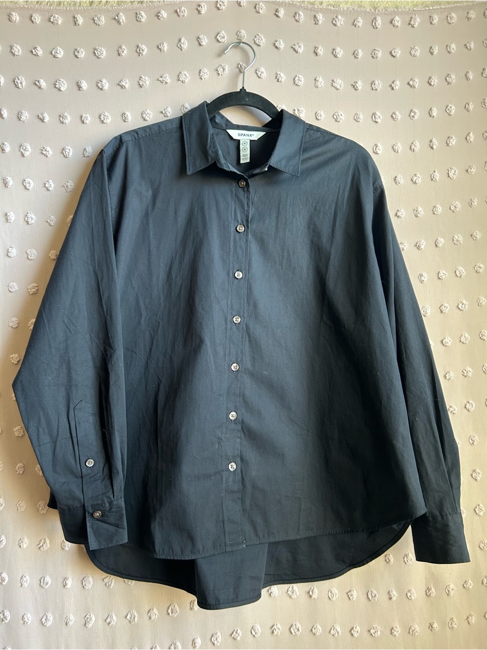 Spanx Woven Long Sleeve Poplin Button Front Oversized Top Sz L Black - Picture 1 of 6